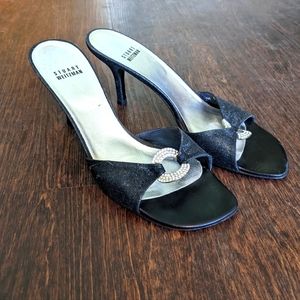 Stuart Weitzman Sahara Black Glittery Slide Heels Sz 8.5